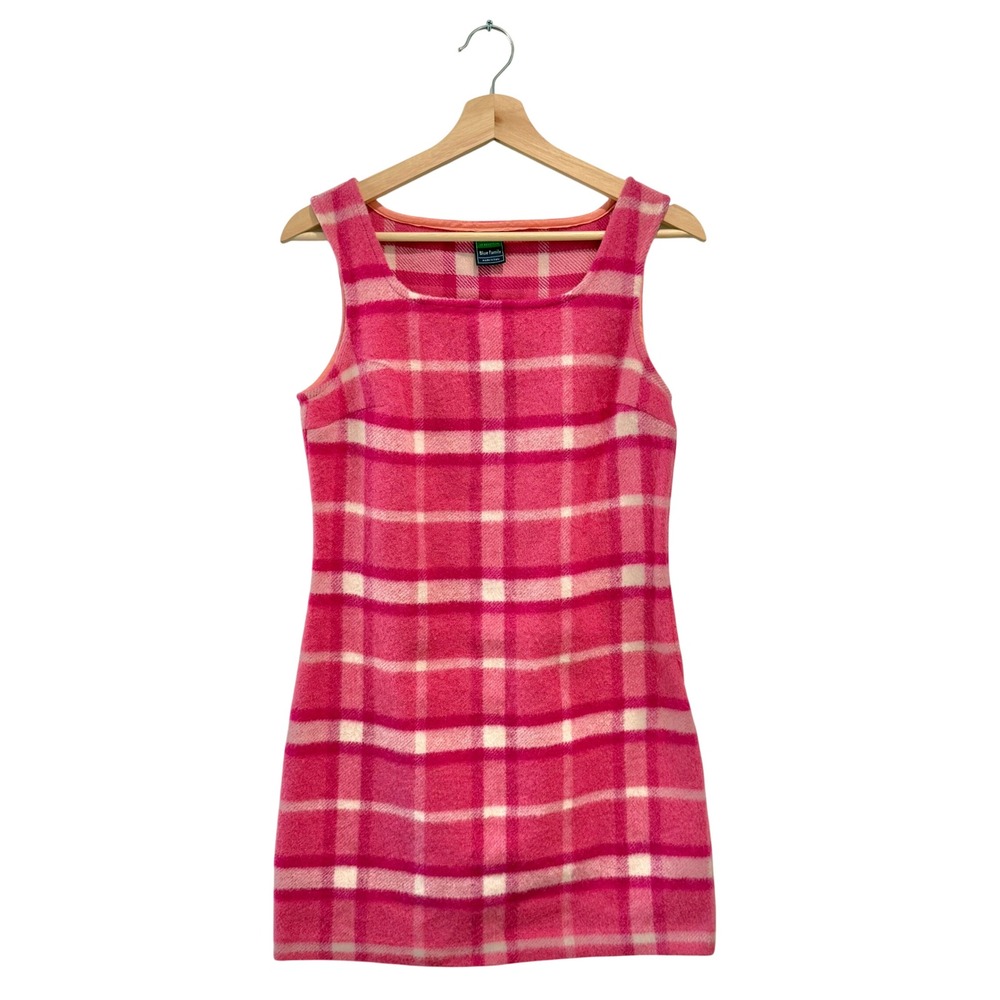 Vintage Pink Plaid Wool Mini Shift Dress Made in Italy